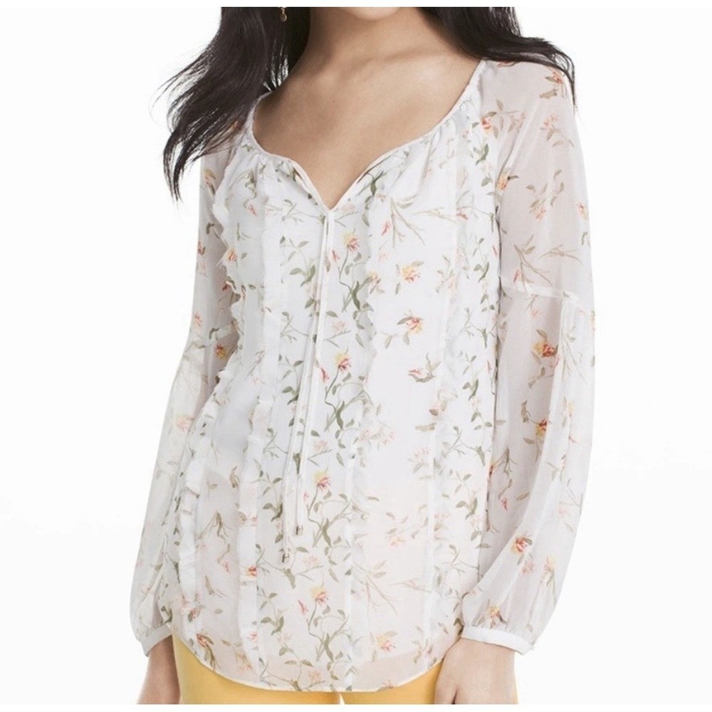 WHBM White Floral Blouse Size 14P Peasantโ Tie Front Ruffle Sheer Cottagecore